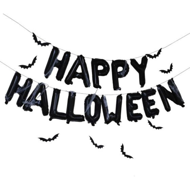 Fright Night Balloon Bunting with "Happy Halloween" banner and card bats for festive spooky decor, eco-friendly materials.