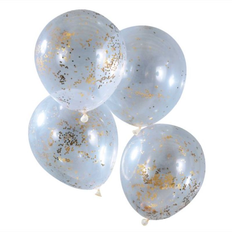 Gold Glitter Star Confetti Balloons pack of 5, 12-inch balloons with shimmering star confetti for festive celebrations.