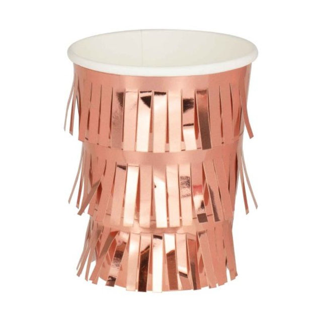 Elegant rose gold fringe cups, pack of 8, ideal for stylish celebrations and versatile for hot or cold drinks.