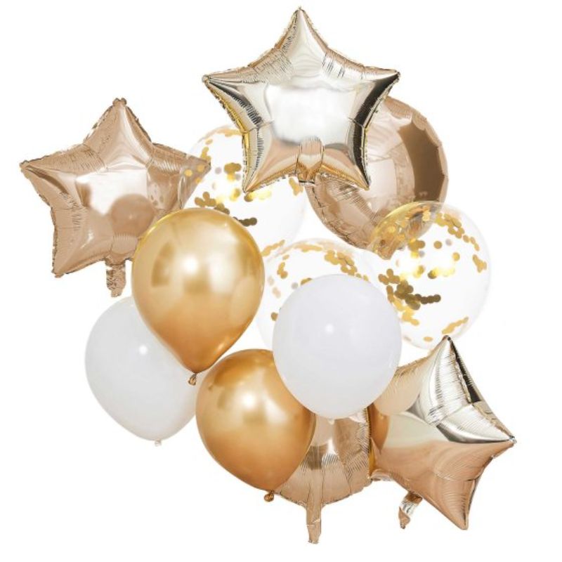 Colorful assortment of 12 metallic balloons including star, round, chrome, and confetti designs for party décor.