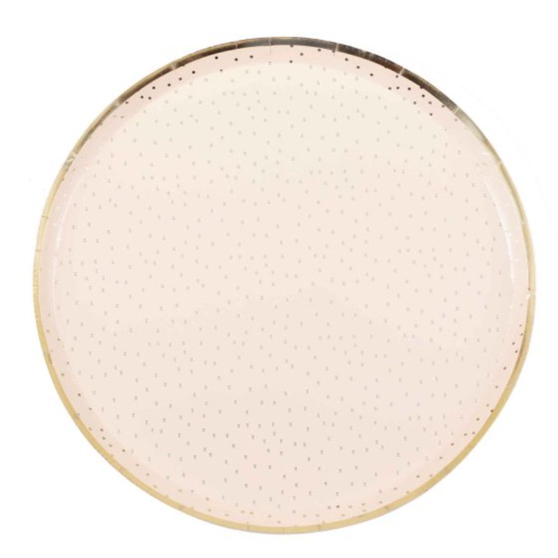 Peach 24cm plates with gold foil dots, ideal for stylish celebrations; pack of 8 disposable, durable, and elegant.