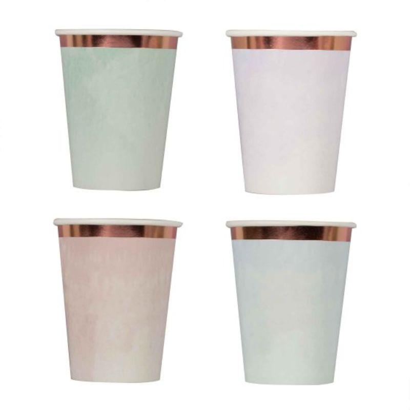 Pastel foiled paper cups in a mixed pack of 8, perfect for stylish parties and casual gatherings.