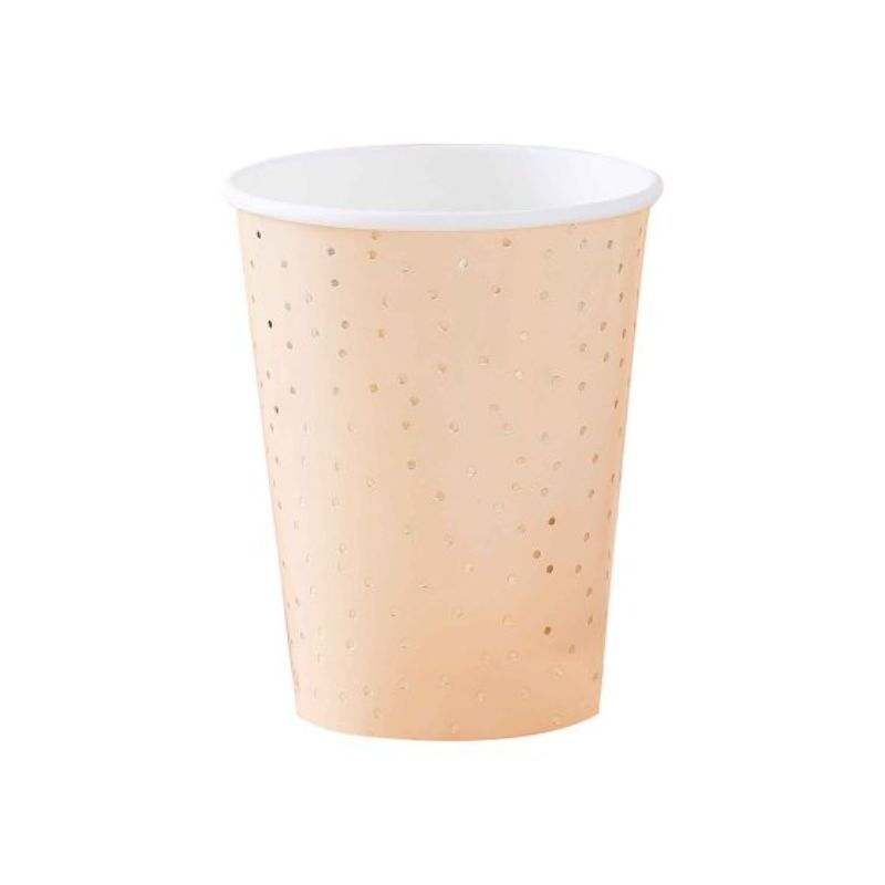 Peach and gold ditsy dot foiled paper cups, 9oz, pack of 8, ideal for elegant parties and eco-friendly gatherings.