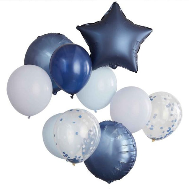 "Vibrant blue balloon bundle featuring 11 balloons in various sizes and designs, perfect for celebratory events."