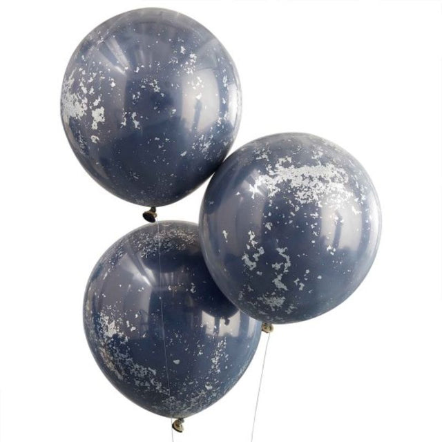 Three elegant 18-inch navy blue and silver shred double stuffed balloons, perfect for upscale celebrations and photo moments.