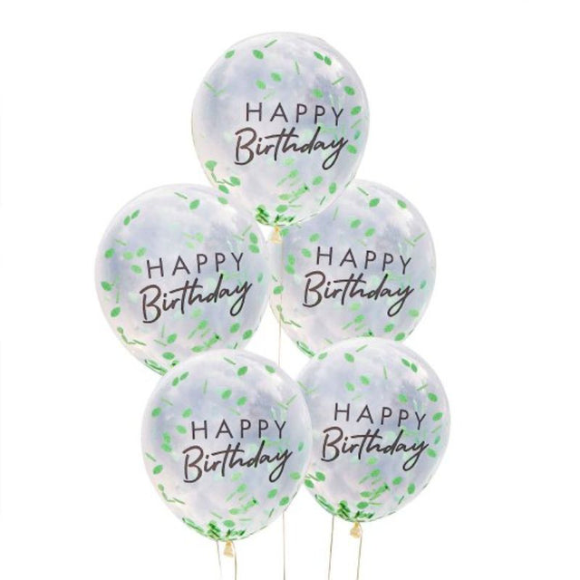 Colorful confetti-filled balloons for birthday celebrations, featuring vibrant leaf shapes and eco-friendly materials. Pack of 5.