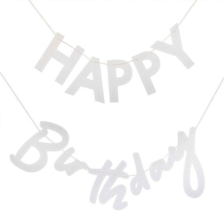 Clear and white acrylic 'Happy Birthday' bunting pack of 3 with 2 strands and twine for stylish celebrations.