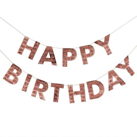 Rose gold fringe bunting with 'Happy Birthday' for elegant party decor, includes 2 strands each 1.5m long.