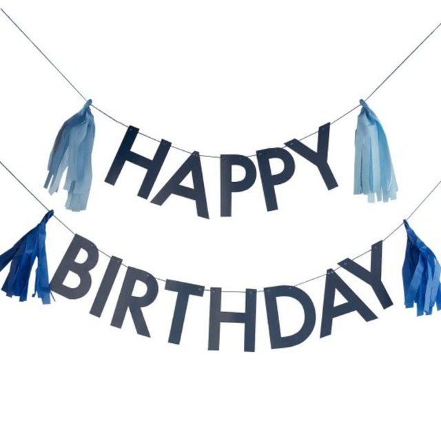 Blue 'Happy Birthday' bunting with tassels, perfect for festive party decor, made from eco-friendly materials. Pack of 6.