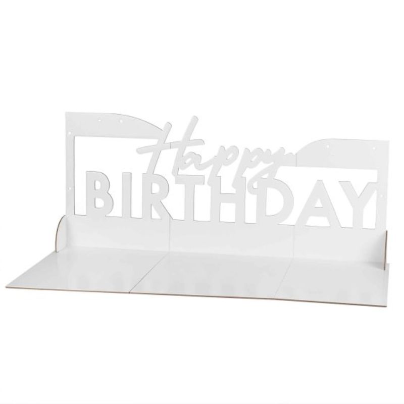 Elegant birthday treat stand measuring 56cm H x 63cm W, perfect for displaying snacks and sweets at celebrations.