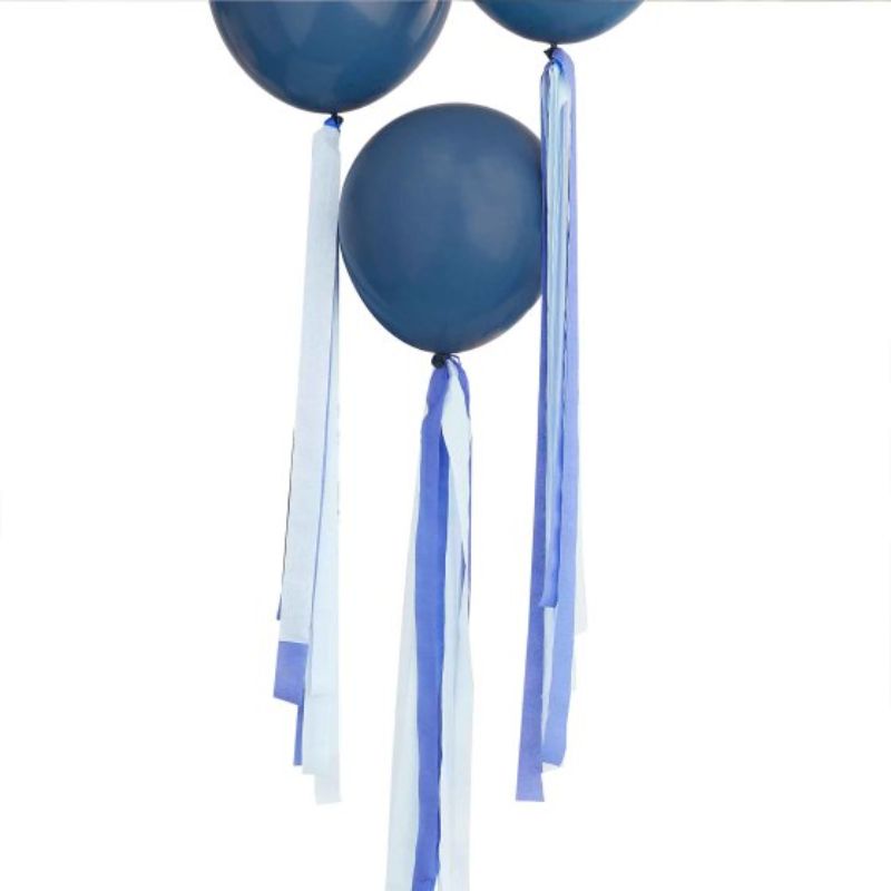 Blue balloon tails streamers pack with light blue and navy crepe, twine, and glue dots for elegant party decor.