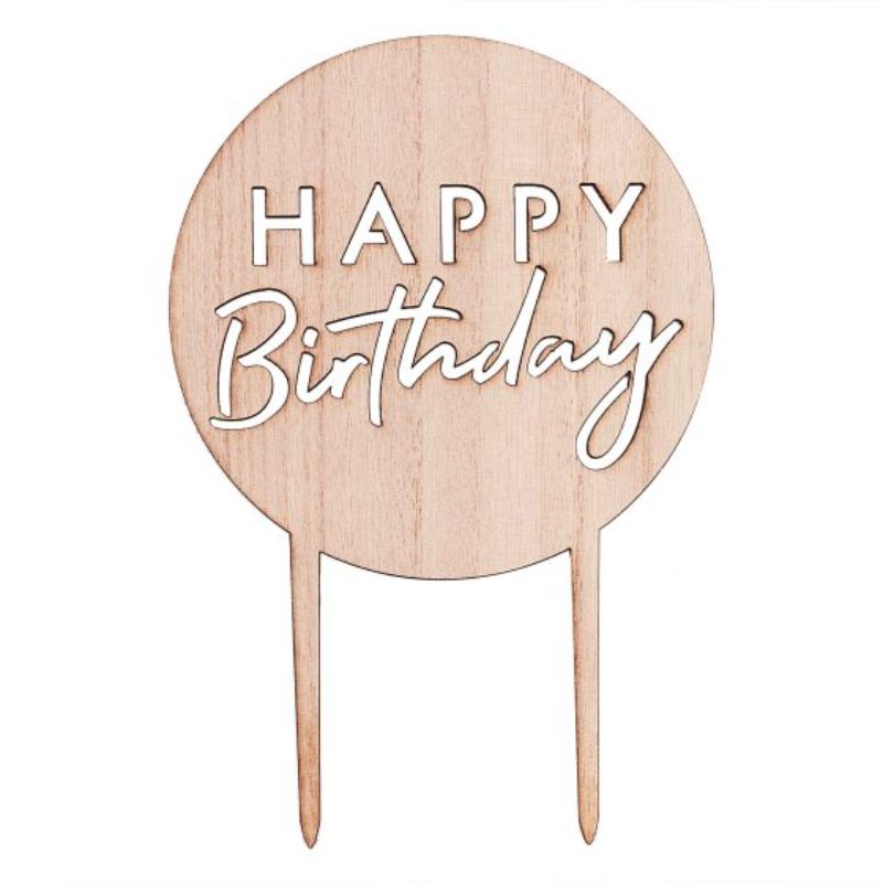 "Happy Birthday MDF cake topper, 18cm H x 12cm W, eco-friendly, perfect for festive birthday celebrations."