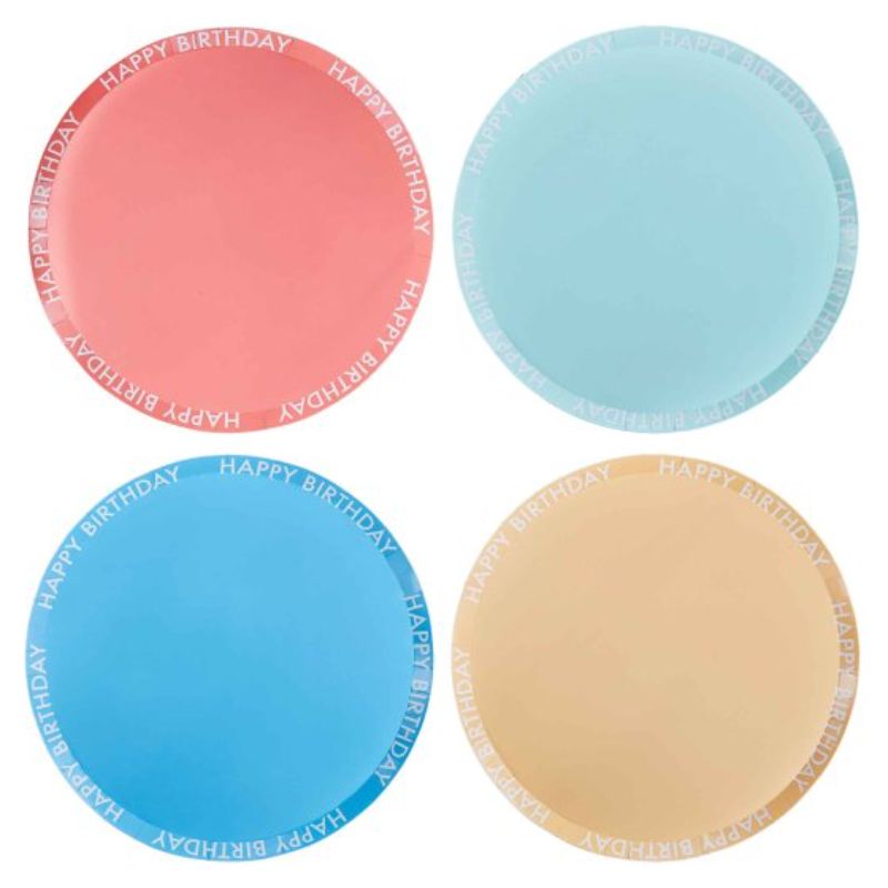 Vibrant paper plates with a Happy Birthday rim in Blue, Mint, Red, and Yellow, perfect for festive birthday celebrations.