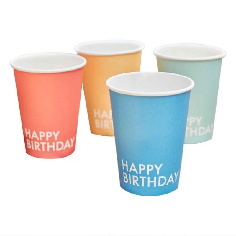 Colorful 9oz paper cups for birthday parties, with 2 each of blue, mint, red, and yellow, eco-friendly and disposable.