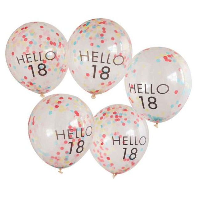 Bright 'Hello 18' balloons pack of 5, perfect for celebrations, featuring vibrant colors and eco-friendly materials.