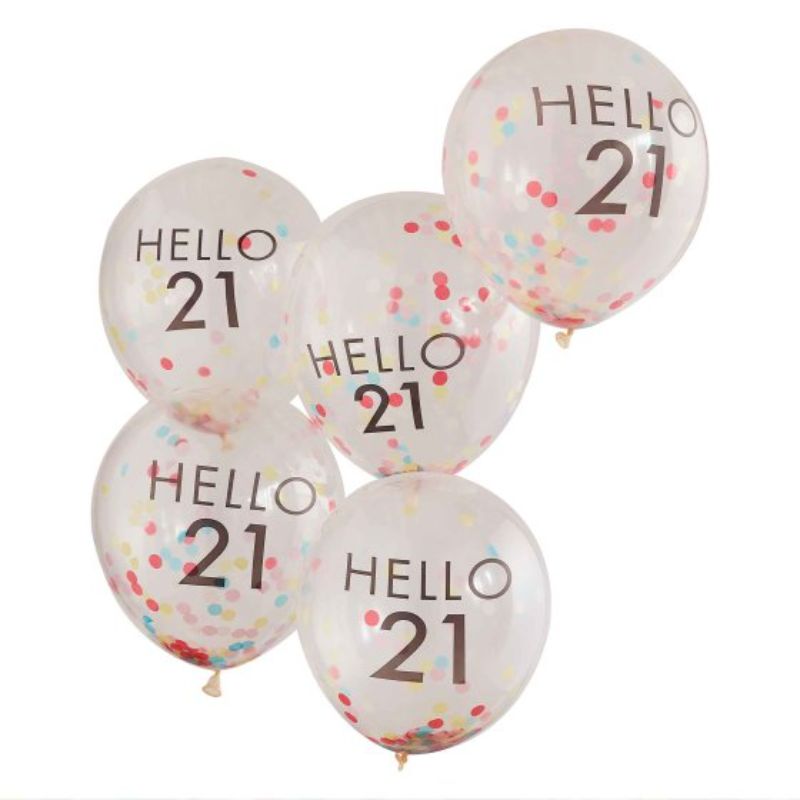 Bright 'Hello 21' balloons in vibrant colors, perfect for lively birthday celebrations and special occasions. Pack of 5.