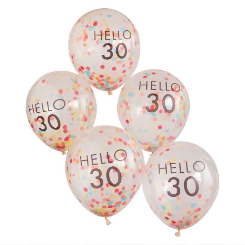 Bright 30cm balloons with 'Hello 30' message, perfect for 30th birthday celebrations, pack of 5.