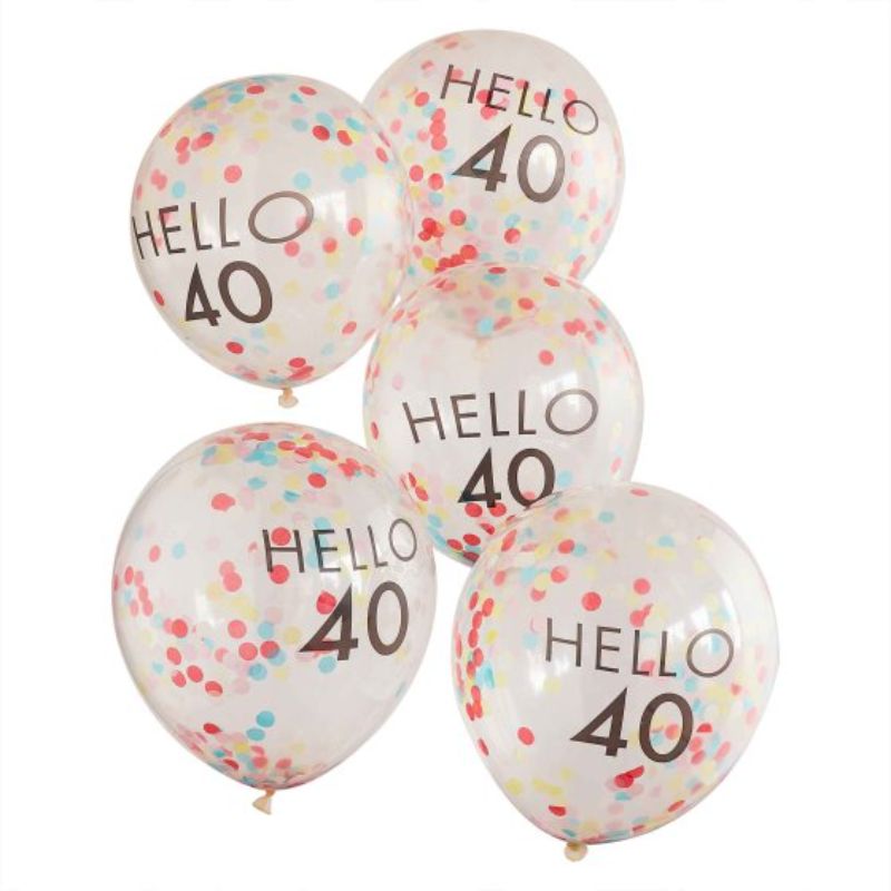 Bright Mix It Up 'Hello 40' balloons in vibrant colors, perfect for festive 40th birthday celebrations. Pack of 5.