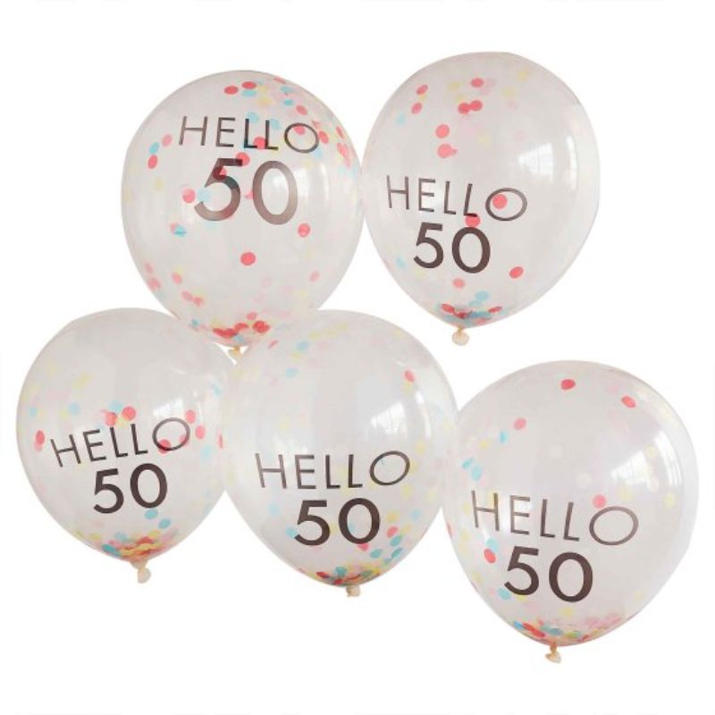 Brightly colored 30cm balloons in a pack of 5, designed for celebrating a vibrant 50th birthday party.