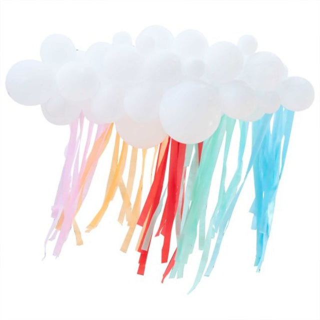 Vibrant balloon backdrop kit with assorted sizes and colorful streamers, perfect for festive decorations and celebrations.