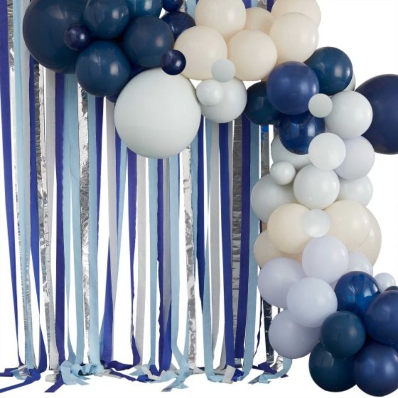 Blue and cream balloon arch with streamers, ideal for celebrations, featuring 109 eco-friendly party supplies.