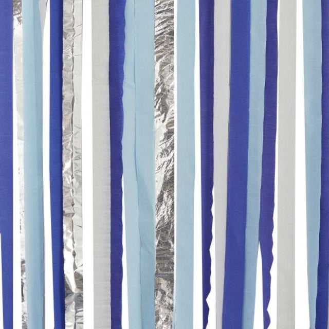 Colorful streamer backdrop pack featuring pastel blue, navy, cream, and silver for vibrant party decor. Eco-friendly and easy to set up.