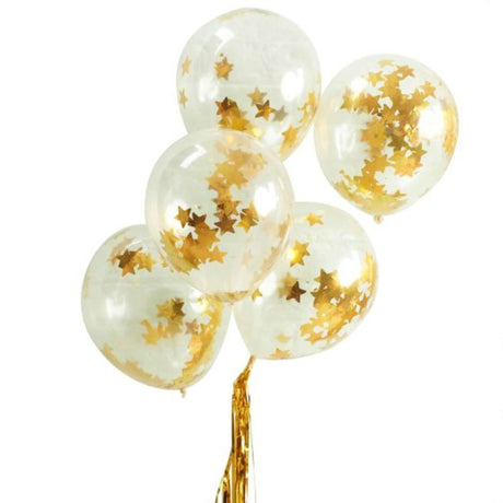 Gold star-shaped confetti-filled balloons, 12-inch, pack of 5, perfect for adding sparkle to celebrations and events.