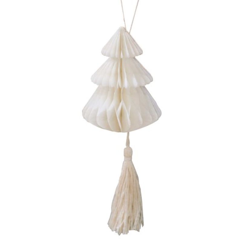 Nordic Noel Honeycomb Decorations - Pack of 4, eco-friendly tree ornaments with tassels, perfect for festive decor.