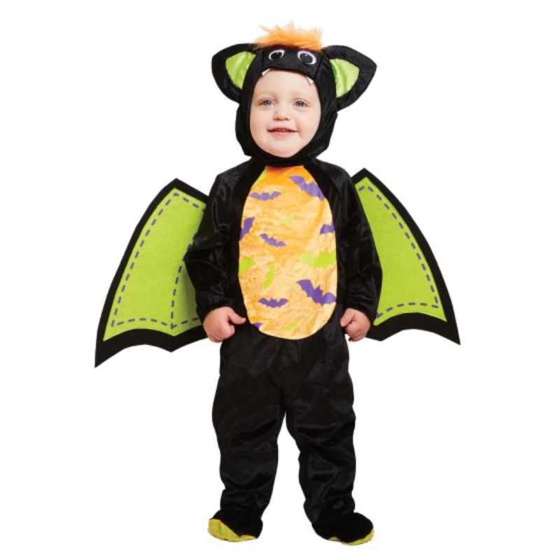 Cute Iddy Biddy Bat costume for toddlers, featuring a romper with feet, ear hat, and whimsical felt wings for Halloween fun.