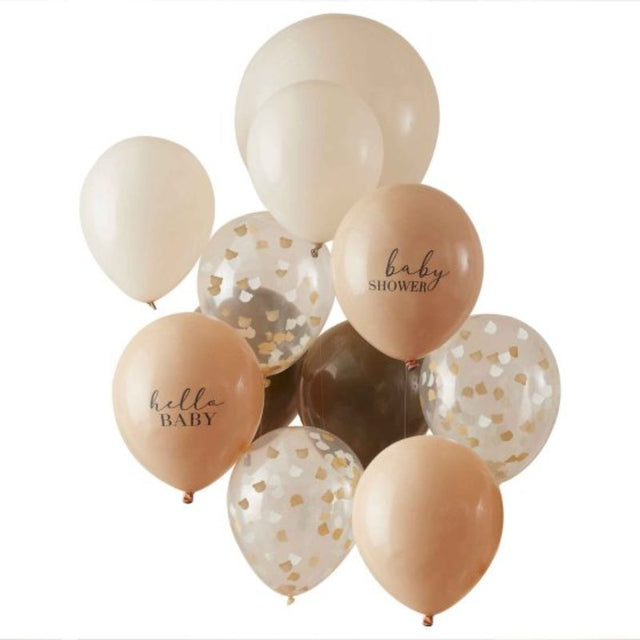 Baby Bear Balloon Bundle of 11 featuring taupe and confetti designs, perfect for baby showers with adorable messages.