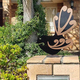 Whimsical Kiwiana Freestanding Art featuring a black and brushed copper 420mm Moko Fantail, ideal for outdoor decor.