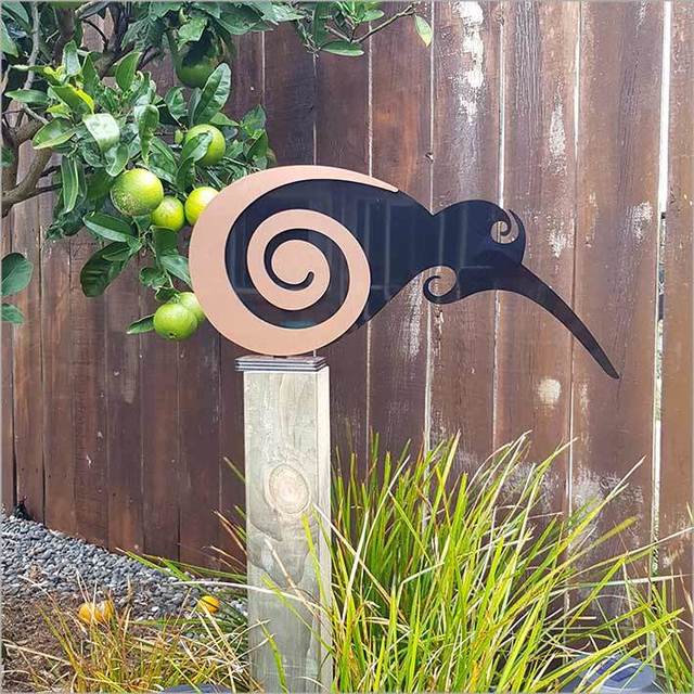 Freestanding 2 Tone Moko Kiwi art piece made of durable Black & Brushed Copper ACM, ideal for outdoor decor.