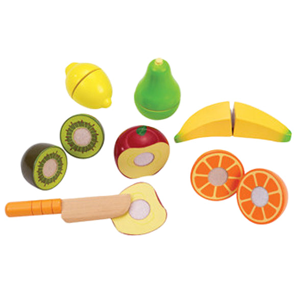 Colorful Hape Wooden Toy Fresh Market Fruit set with seven vibrant pieces and child-safe knife for imaginative play and learning.