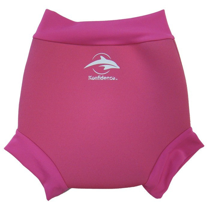 Vibrant pink neoprene swim nappy designed for babies 8-11kg, featuring snug Lycra hems for secure, waterproof protection.