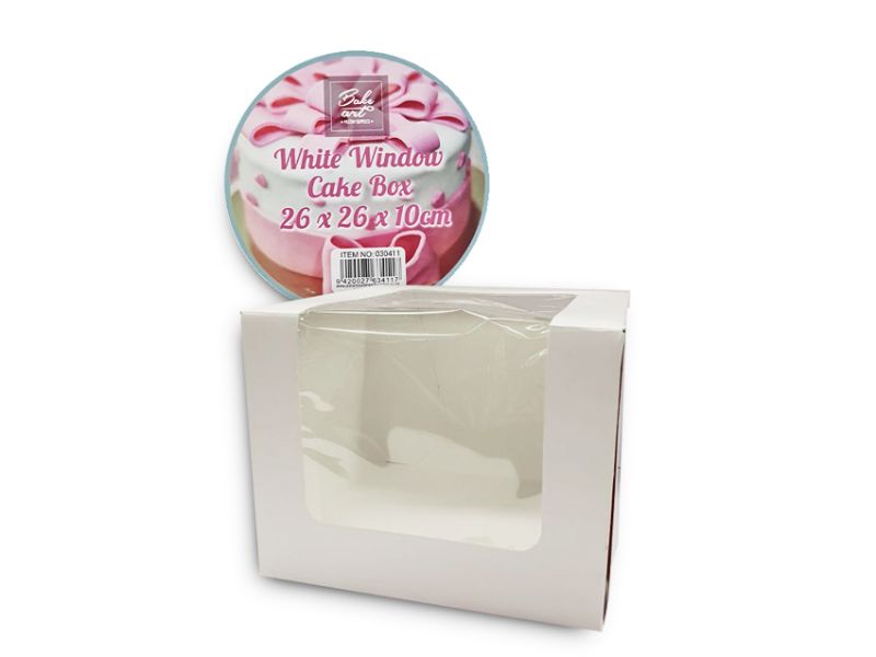 Plain white window cake boxes measuring 26x26x10cm, perfect for showcasing cakes and pastries; set of 12.
