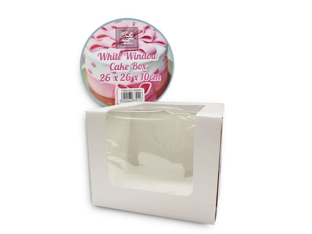 Plain white window cake boxes measuring 26x26x10cm, perfect for showcasing cakes and pastries; set of 12.