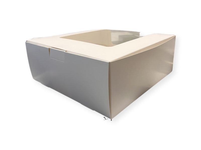 Plain white window cake boxes set of 12, ideal for showcasing and packaging cakes and pastries, 21 x 21 x 11cm.