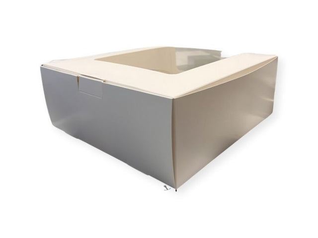 Plain white window cake boxes set of 12, ideal for showcasing and packaging cakes and pastries, 21 x 21 x 11cm.
