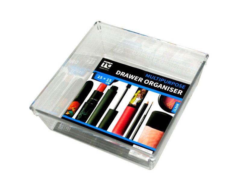 Clear multi-purpose drawer organisers, 150x150mm, set of 36 for efficient storage in kitchen, office, or bathroom.