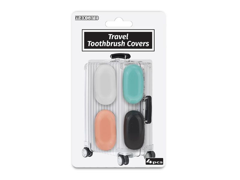 Transparent toothbrush shields in packs of four, ensuring hygiene and protection from dust and germs for healthy dental care.