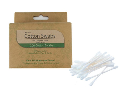 Maxcare Paper Stem Cotton Buds, 6 packs of 200 eco-friendly, soft cotton swabs for personal care and crafts.