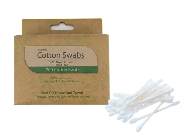 Maxcare Paper Stem Cotton Buds, 6 packs of 200 eco-friendly, soft cotton swabs for personal care and crafts.
