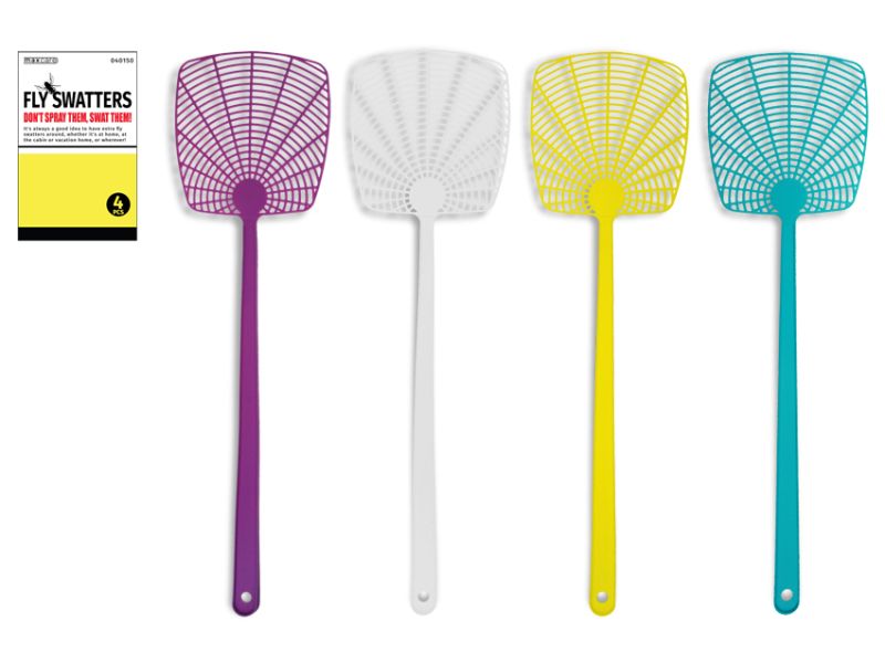 Vibrant 4-pack fly swatters ideal for indoor/outdoor pest control, lightweight and durable for effective bug removal.