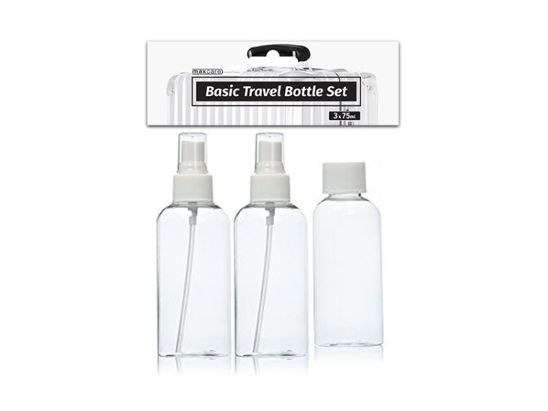 Set of 12 clear travel bottles (75ml each) for toiletries, ideal for organized packing and TSA-compliant travel.