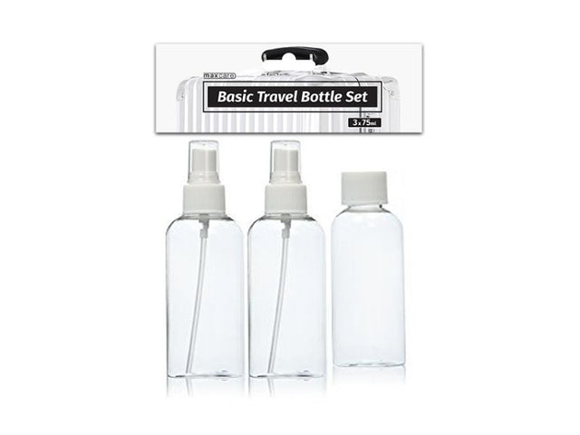 Set of 12 clear travel bottles (75ml each) for toiletries, ideal for organized packing and TSA-compliant travel.