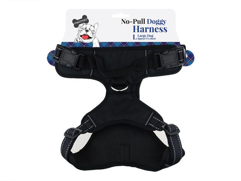 Max Treats No Pull Adjustable Dog Harness for dogs 68-81cm, featuring soft padding for comfort and easy 2-second on/off. Set of 12.