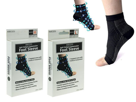 Set of 24 Anti Fatigue Compression Foot Sleeves providing relief from foot pain and fatigue with targeted support and breathability.