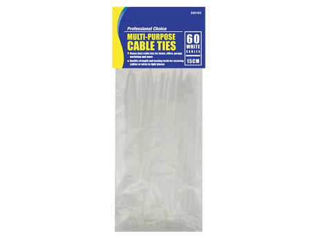 White cable ties, 3.6 x 150mm, bulk pack of 60, perfect for organizing cables and reducing clutter at home or office.
