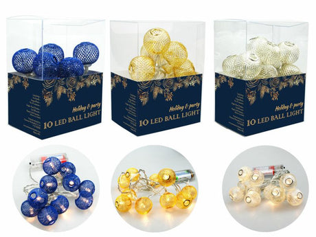 Set of 24 battery-operated LED ball lights in gold, silver, and blue, ideal for festive decor and creative projects.