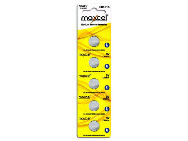 Pack of 20 Maxcel CR1616 lithium button batteries, ideal for powering small electronics like watches and calculators.